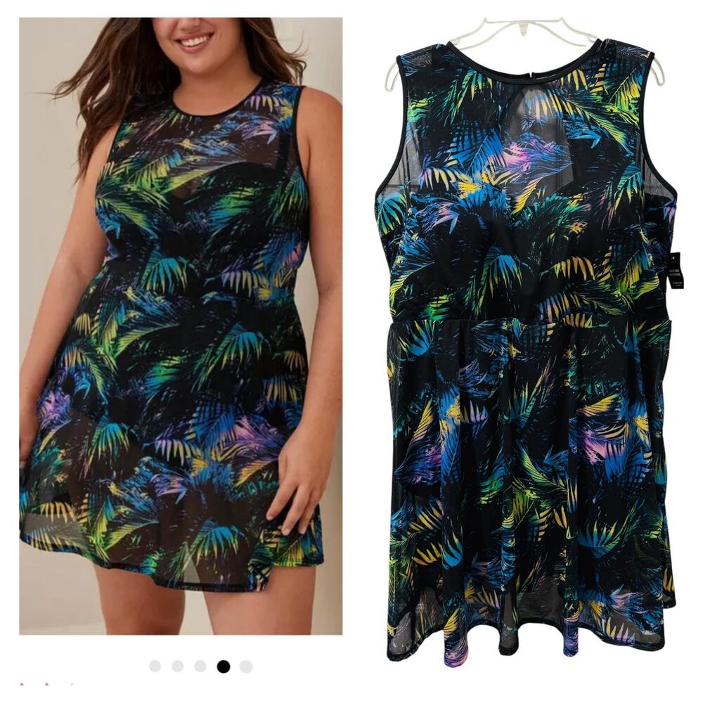 Torrid Size 2 Bra Cup D/DD Black Underwire Long Mesh Overlay Swim Dress w/Briefs